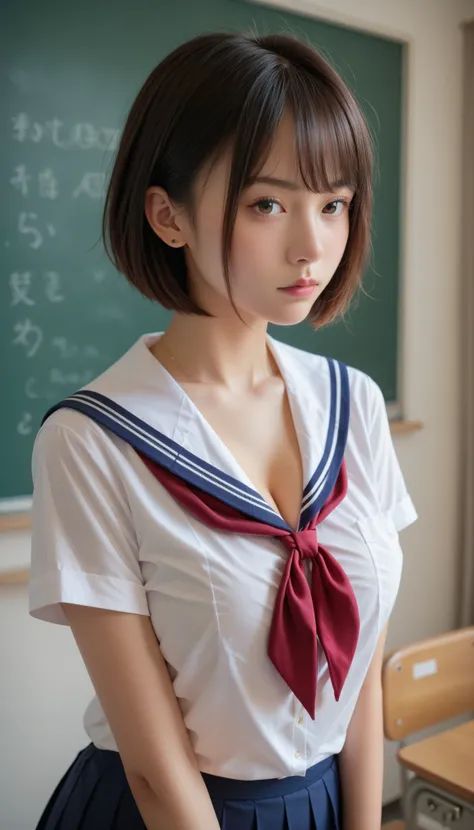 8k、 most beautiful、 score_9, score_8_ up, score_7_ up,Highest, quality, super precision , Absolute Resolution, Japanese teenager girl cosplaying as , Gold, short hair+amount, big breasts, school uniform+Chest,  color, from before , watching viewers , schoo...