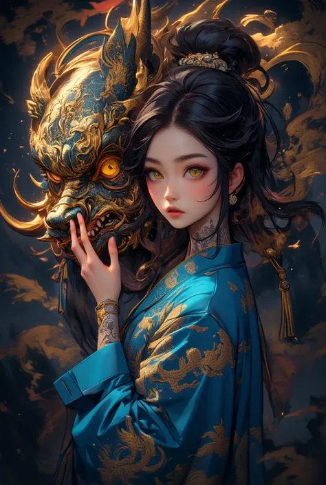 Flawless women, wide view,Artistic tattoo, holding a Japanese tengu mask, intricate,Wearing a stylish blue shirt with a gold dragon pattern,Dim light,Chin lift pose, looking at viewer,Bright yellow eyes,Tattoo with Phoenix nuance,

BREAK

Tengu mask with a...