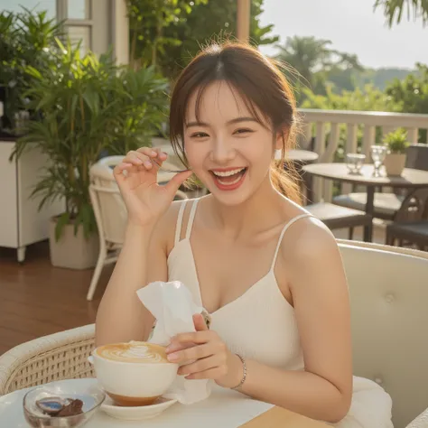 A charming 20-something cute super sexy Japanese person enjoying a relaxing time at a stylish terrace café, with a warm and radiant smile. They are dressed fashionably in warm colors such as soft white, wearing a revealing yet elegant outfit that highlight...