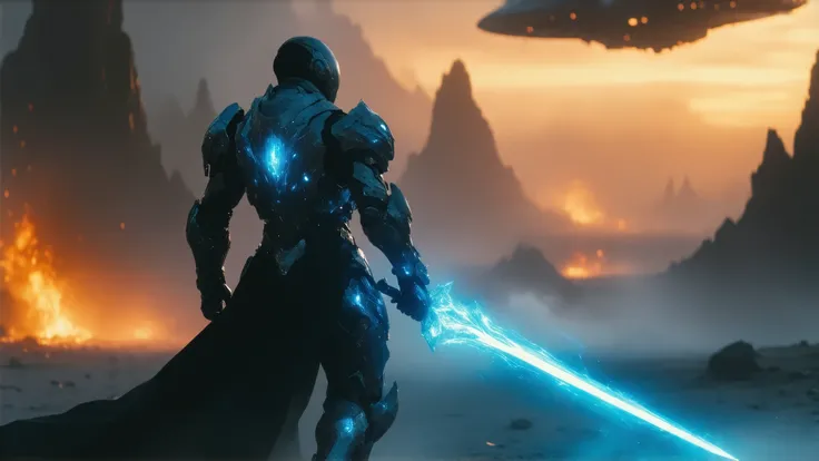 cover page, movie poster, 1male, space warrior in sleek metallic armor with glowing blue accents and intricate engravings; the armor features a flowing black cape dramatically billowing in the wind; wielding a plasma sword mid-swing with radiant blue energ...