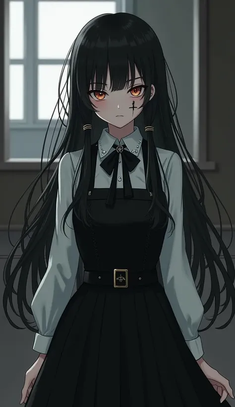 yoru, mitaka asa, long hair, low twintails, yoru, scar on cheek, cross scar, long hair, black hair, yellow / red eyes, ringed eyes, school uniform, black dress, pinafore dress, sleeveless dress, white shirt, black ribbon, neck ribbon, long sleeves,csmyoru,...