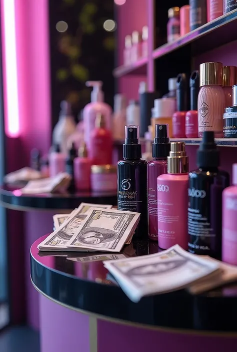 Photo of a beauty supplies stand,as cosmetics, relating money,in purple, black and white colors,closer and have money 
