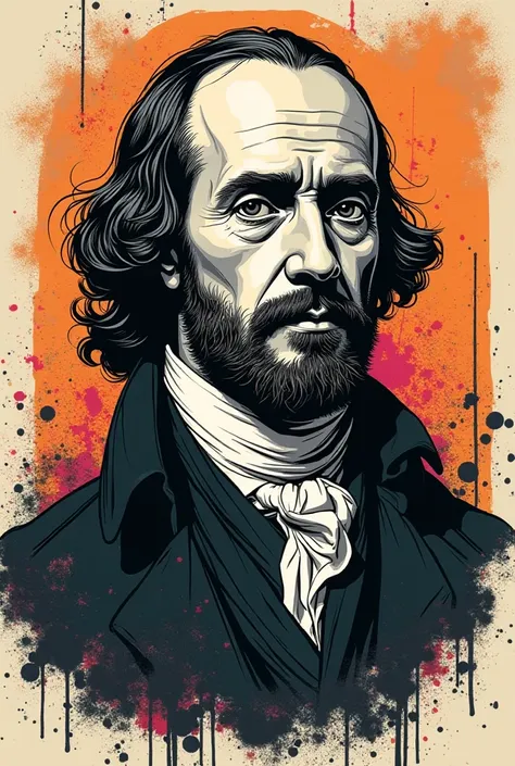 40. Create a design featuring a detailed illustration of a historical figure with a stylized, modern twist. The background should include abstract elements and graffiti-like doodles to give it an edgy, contemporary feel. Use a bold color palette with a pri...