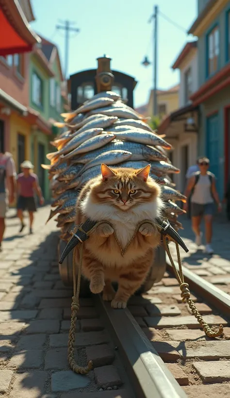 A cat is pulling a big eight car with lots of fish piled up、live-action