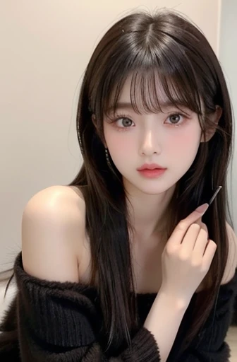 Quiet girl、18 years old、Plain、serious、 black hair、 straight hair、 shoulder-length hair、 natural makeup( pink blush、 dark brown eyeshadow )、 the style is good 、 cute、 clear、This fluffy knit looks warm、 off the shoulder on the head