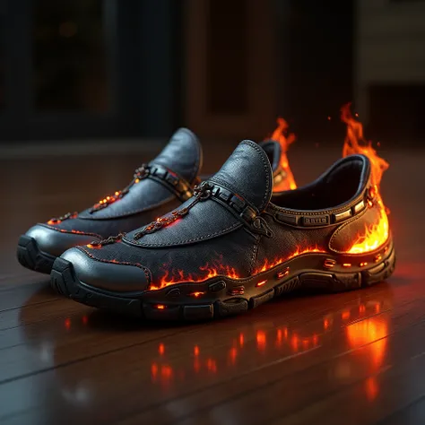 "A hyper-detailed, ultra-realistic 3D render of futuristic high-tech slippers inspired by the fiery, supernatural power of Ghost Rider. The slippers feature a sleek black and metallic silver color scheme with rugged, leather-like textures and sharp, angula...