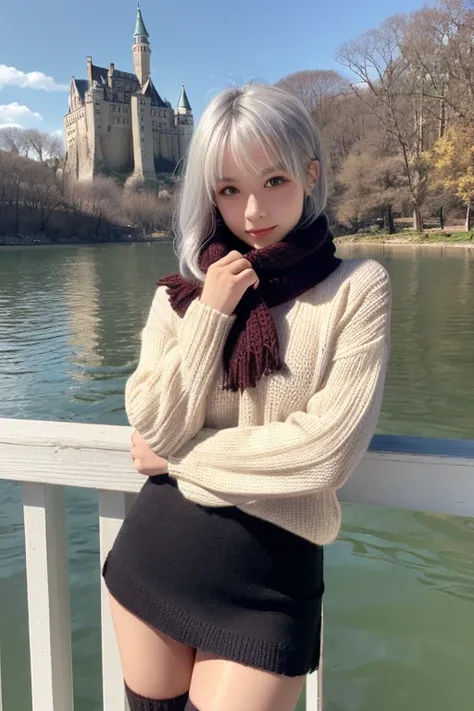 (( beautiful girl with silver hair on the lake 、 brown eyes))、 well-groomed 、Slightly Sleepy Eyes 、 red scarf around my neck、( ponytail)、 Transcendental Beautiful Girl、 soft sunshine、 upper body、(Brown knitted sweater、 brown knitted miniskirt 、 black knee-...