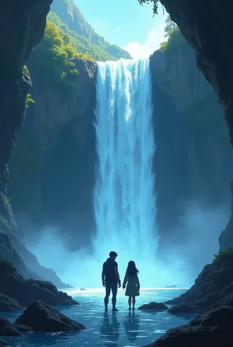 Image Prompt: A magnificent waterfall cascading down into a crystal-clear pool, with a hidden cave entrance visible behind the water. The mist from the falls creates a mystical aura. Arlo and Lina stand in front, staring in awe as the cave entrance beckons...