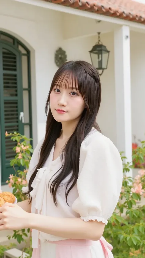 "A warm and caring young woman with shoulder-length chestnut brown hair, wearing a casual white blouse and a soft pastel apron. She stands in front of a cozy suburban house with a gentle smile, holding a tray of freshly baked cookies. Her eyes are kind, an...