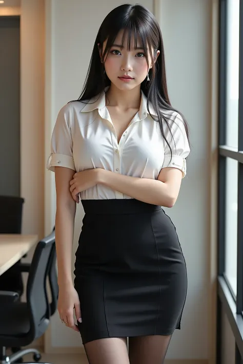 Realistic Photography, 8k, masterpiece, highest quality, hyper-realistic, highres, shot on a Canon EOS, Japanese Young girl, idol, white skin, black long hair, (huge breasts), ((glamorous figure)), ((long legs)), Chubby thighs, the texture of a detail-orie...