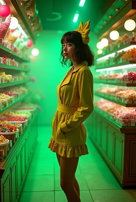 The seller's clothes in a candy store in bright green light