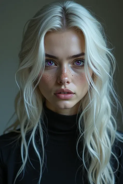   a woman,  with long, wavy platinum hair ,  dark purple eyes,  long eyelashes,  with soft white skin and freckles all over her face, with a serious attitude .