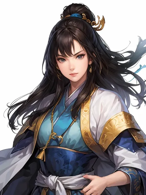     beautiful woman with dark hair   ：1.3,    Gruwitz-Style Artwork  , Hanfu,((      pure white background   )), (   top quality),    handsome，   Beautiful Lady Knight With Blue Dumpling Hair , 2.   5d cgi Fantasy Artwork  ,    Detailed Digital Art,    gre...