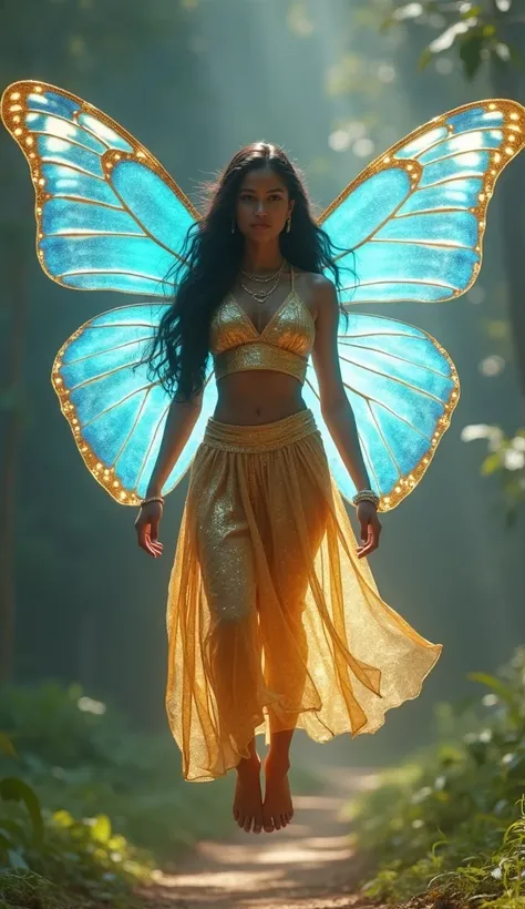 Create a hyper realistic image of an Indian girl wearing a two piece golden glowing short skimpy dress , has luminous light blue colored butterfly  wings, flying in air,  full size , hd, actionHigh Resolution, Accurate, Best Quality, High Details, High Qua...