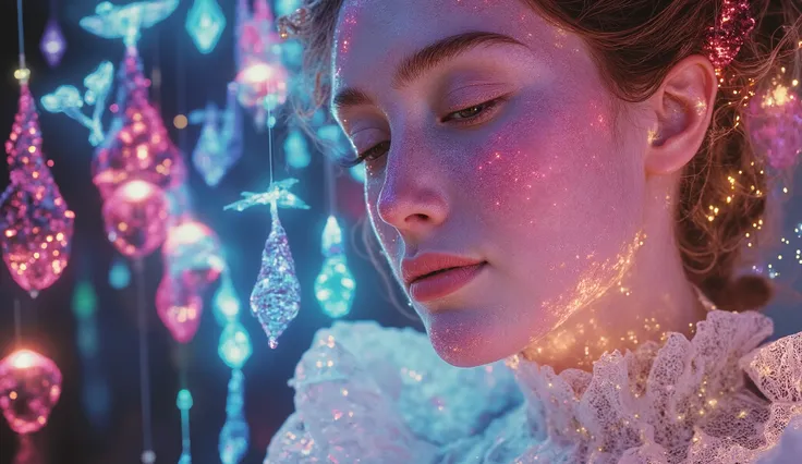 A close-up of a Victorian woman, her face glowing softly as multicolored neon lights from holographic plants around her wash over her features. Her eyes are half-closed in bliss, her expression serene yet full of energy, as light flickers in every corner o...