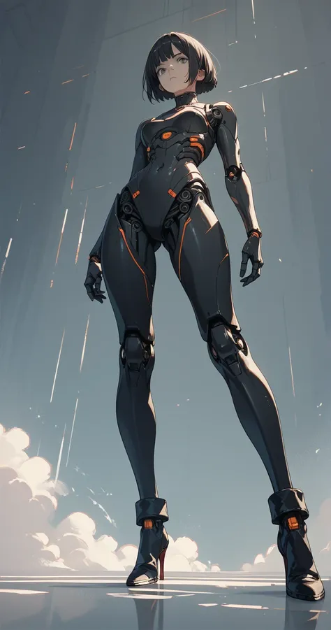  girl,  robot 、   black hair、  short hair、Front 、 full body shot、 long legs, black boots, high heels,Metal body,（ angle shot from below ）