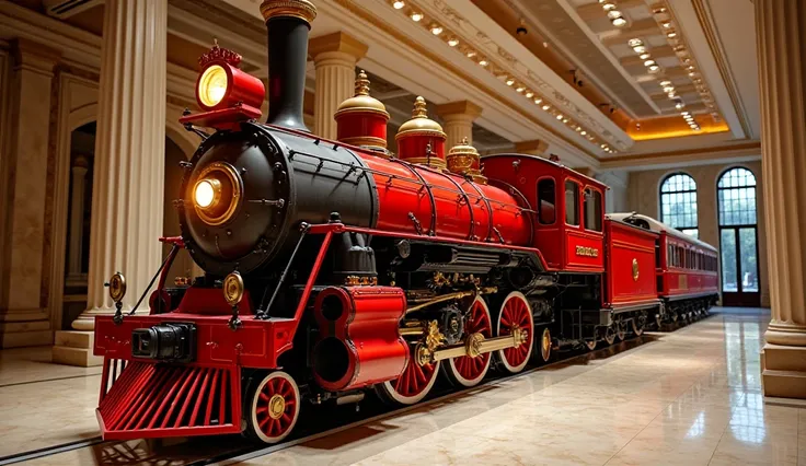 Prompt:
"A breathtaking right-side view of a red steam train showcased in a luxurious showroom. The train features a classic vintage design with a large glowing headlamp, intricate metalwork, and polished brass details. Its glossy red paint reflects the el...