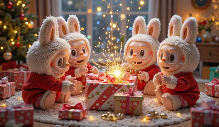 Prompt:
The Labubu are sitting in a semi-circle around a pile of brightly wrapped presents. One Labubu is tearing open a gift, another is peeking into a box with excitement, while the other two react with joyful expressions. The wrapping paper is scattered...