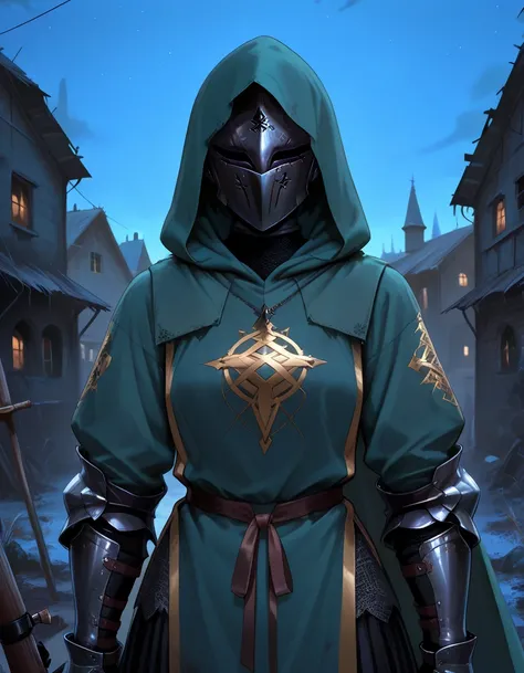 arm0rs3nt1n3l, A (female) monk wearing a tight green tabard that has a hollow triangle shape on it, [medium breasts], wearing a dark metallic knight's helmet beneath a green hood, Knight gauntlets being clad in dark metallic armor, medieval scenery, abando...