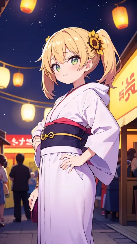 "A cheerful and slightly bratty hood friend with twin-tails and bright amber eyes, wearing a colorful yukata with a sunflower pattern. She stands with her hands on her hips, cheeks puffed in a pout as she says, '早く行くわよ、置いてくから！'. Behind her, the summer fest...