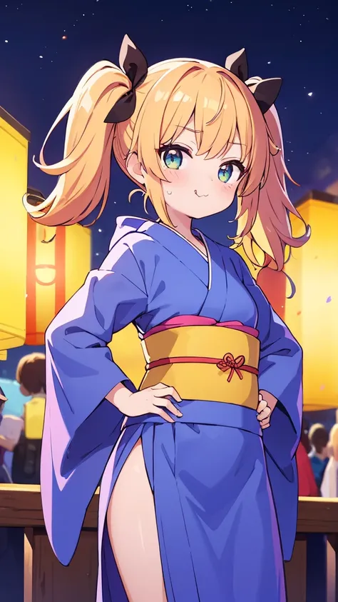 "A cheerful and slightly bratty hood friend with twin-tails and bright amber eyes, wearing a colorful yukata with a sunflower pattern. She stands with her hands on her hips, cheeks puffed in a pout as she says, '早く行くわよ、置いてくから！'. Behind her, the summer fest...