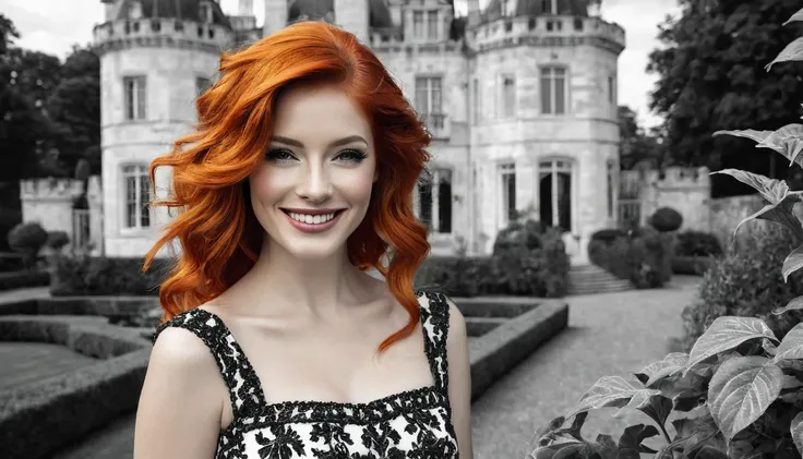 A European beautiful woman with flame red hair, makeup, with a beautiful smile and hairstyle, on it a stunning black and white dress gracefully stands in front of an exciting mansion, a castle, surrounded by a lush, calm garden with a calm, fascinating pre...