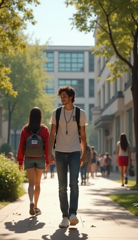 A college student talks while walking inside the school