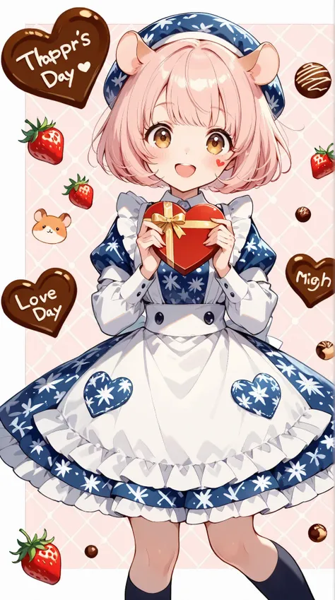 cute Illustration,Valentine,(Hamuko-chan ,hamster girl,((light pink hair : bob cut hair:1.3),Scandinavian pattern clothes and hats,hamster ears),dynamic pose,((hamster:1.3)There is a hamster beside her:Sup er cute hamster:hamster anatomically correct),choc...