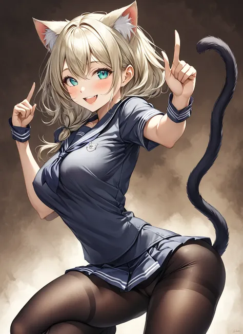 nsfw, （Best Quality), ***********************、a girl, solo, sexy, (lovely), sailor uniform, Short skirt, silver blonde hair, semi long hairstyle, cat ears, {cool eyes,  Turquoise: 1.2}, a fluffy cat tail on your butt, swayback stance ,gravure pose,  ((larg...