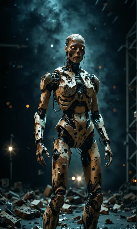 Masterpiece, photorealistic, cyborg, exoskeleton, broken armor, bloody, standing, looking at viewer, space station debris, dark, gloomy lighting, depth of field, bokeh, dark theme