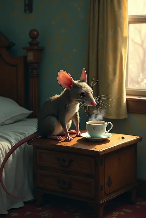 Rat cat ( rat-cat hybrid)  on the nightstand next to a cup of tea ,  the entourage of a shabby room in a cheap hotel,  twilight