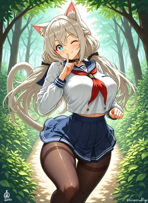 nsfw, （Best Quality), ***********************、a girl, solo, sexy, (lovely), sailor uniform, Short skirt, silver blonde hair, semi long hairstyle, cat ears, {cool eyes,  Turquoise: 1.2}, a fluffy cat tail on your butt, swayback stance ,gravure pose,  ((larg...