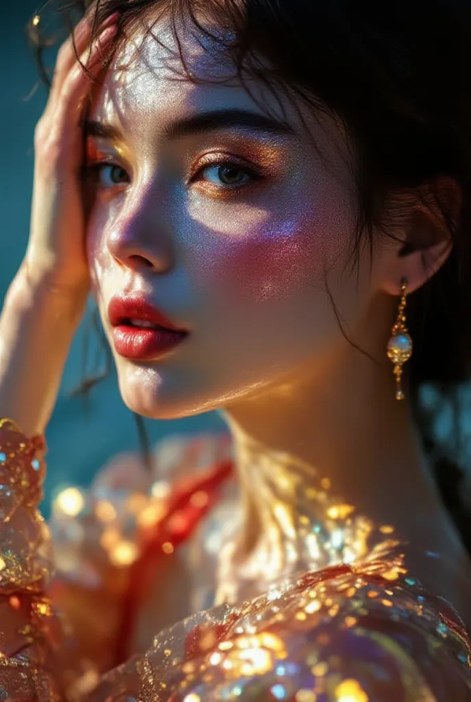 Sliver Shine Fabric visible body stockings carnel  Golden Sliver Shine Beautiful seductive makeup of Ancient Thailand traditional  Model Fat Beauty gold silver Rudy Pearl Jewellery transparent Oil  Golden Red saree a Prostitute, Laying down on the water 