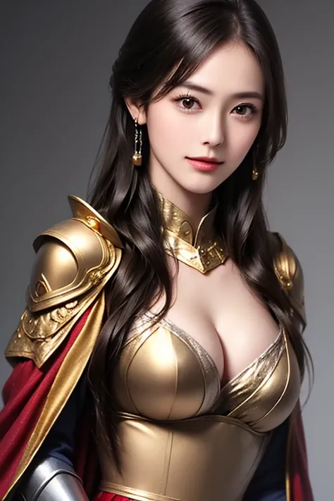 ((female warrior upper body)),((Wears silver, gold, and red steel armor and cloak:1.5)),1 person,  black hair,  (((Real Face))),  berry shortcuts,((Big breasts and cleavage)),  high-definition face and skin texture with eyes closed with a smile  ,   starin...