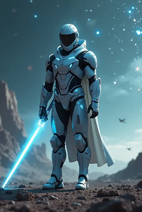 1male, futuristic warrior in sleek metallic armor with glowing blue accents, wielding a plasma sword, helmet with a transparent visor showing determined eyes, standing on a desolate alien battlefield under a starry sky with distant galaxies visible, dynami...