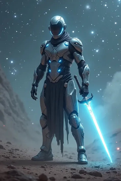 1male, futuristic warrior in sleek metallic armor with glowing blue accents, wielding a plasma sword, helmet with a transparent visor showing determined eyes, standing on a desolate alien battlefield under a starry sky with distant galaxies visible, dynami...