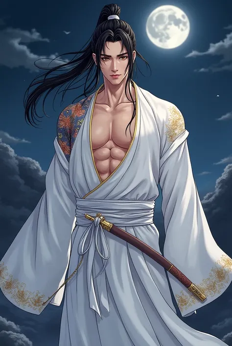 Illustrastration, Strong and sexy, handsome, muscular but lean, anime, tattooed chinese seal on his chest and shoulder 
Shen-Ren stands tall and slender, dressed in pristine white robes. His long black hair, tied back into a tight ponytail, contrasts with ...