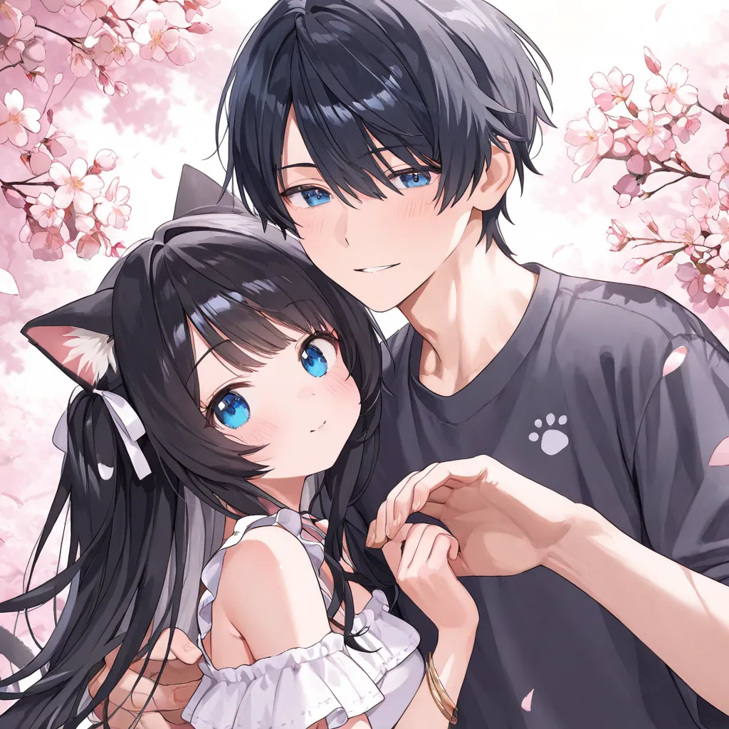  male and female couples、 together、 cuddle from behind、Cat ears、 black hair、Blue Eyes、 cute、Spring scenery 、 casual clothes、adult、 high image quality