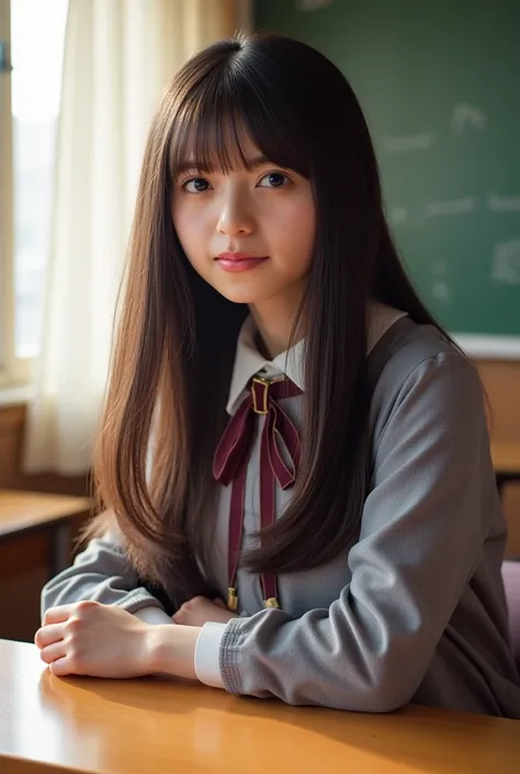 4k,masterpiece,best quality,detailedescription,photorealistic,natural lighting,1 girl,Asuka,long hair, school uniform,looking at viewer,from front,classroom, She smiled faintly at the corner of her mouth