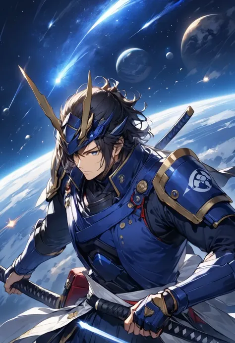 Blue space samurai, background：Countless meteors and the Earth