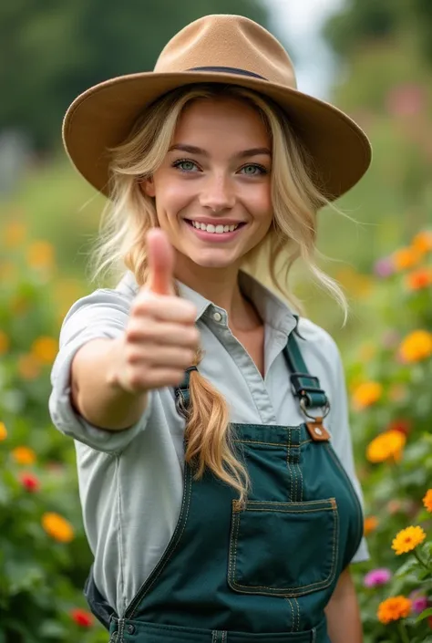 A 23-year-old gardener , hat on the head,  looks right at the camera smiles , Photo up to the waist, shows thumbs up with one hand, blonde blue eyes  