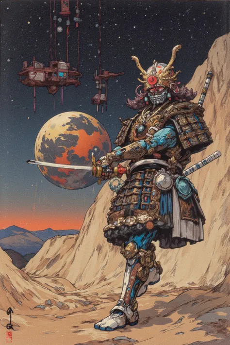   Pictures Inspired by Kubrick Movies ,  異なる惑星の宇宙ステーションで剣を振るう cyberpunk samuraiの写真があります, This is an ultra-detailed picture inspired by Utagawa Kuniyoshi,   AI helmets with futuristic elements , robot arm,  traditional Japanese patterns on armor （ripple、Che...