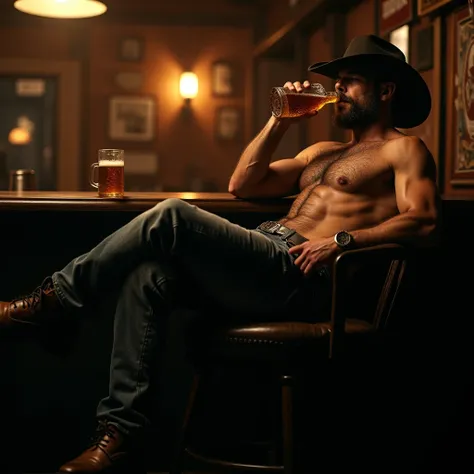 Cowboy porn man drinking beer a bar lying on his legs closed naughty guy 