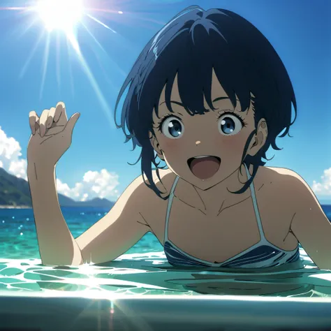 (((masterpiece))),(((best quality))),(((extremely detailed))), 1girl, solo, yanami_anna (makeine), , dark blue eyes, dark blue hair, thick hair, medium hair, double exposure, smiling, excited, swimwear, BREAK ocean, ocean water bath, sunlight, porn, kikoru