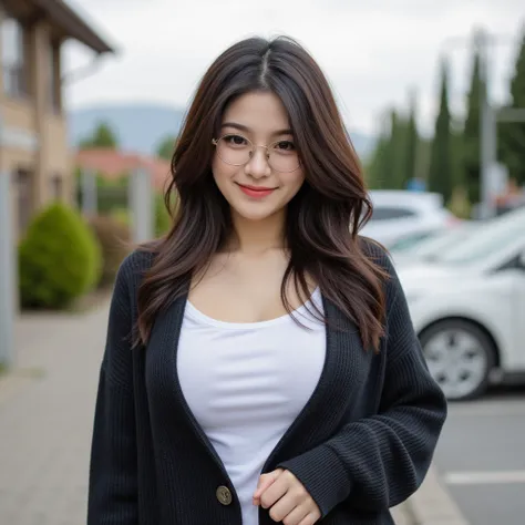 Beautiful woman with perfect big boobs,  wearing a t-shirt combined with a cardigan, as well as . wearing glasses,  with seductive smile ,  standing in front of the house, with a pose walking in the direction of a car park.