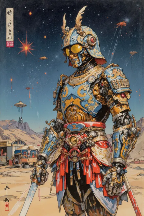   Kubrick movie inspired photo ,  異なる惑星の宇宙ステーションで剣を振るう Cyberpunk Samurai の写真があります, This is an ultra-detailed picture inspired by Utagawa Kuniyoshi,   AI helmets with futuristic elements , robot arm,  traditional Japanese patterns on armor （ripple、Cherry bl...