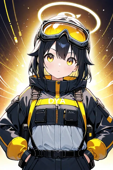  cute girl、 Otherworld、 hair is long、 black hair、 golden eyes、 curious、 doya face、opportunity、 technology、Researcher、Developer、 goggles