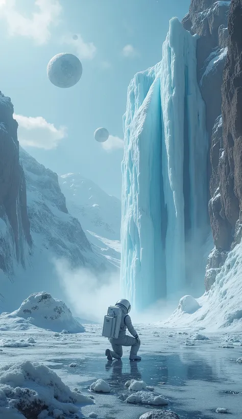 A lone astronaut stands on the surface of an ancient frozen planet, where time itself appears to have stopped. The sky is filled with shattered moons and asteroid fragments, all suspended motionless in the air. A colossal frozen waterfall cascades from a m...