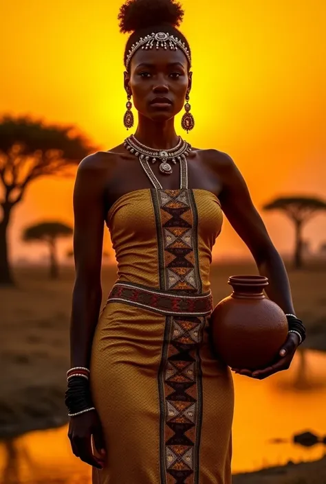 a brown African woman in traditional attire, standing confidently against a vibrant orange sunset. She wears a decorative, fitted gold and brown ensemble with intricate patterns. In her right hand, she holds a beautifully crafted clay pot. The background f...