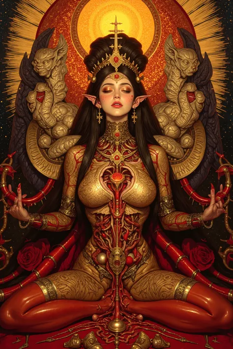 1 girl,((beautiful goddess)),((zazen pose,buddha pose,sitting:1.5)),body horror, portrait ,close up,biomachine, bloody,shining sun, living being, (vivid color),(colorful),(tangled:1.2), H.R Giger style, wingry 6 arms,Gustav Klimt Style,
Granulated, fleshy...